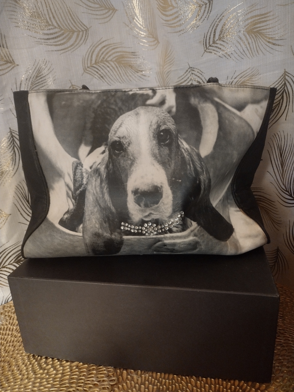 Black & White Dog Print Tote Bag with Rhinestone Accent